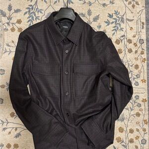 Theory Garvin men’s flannel shirt jacket medium recycled wool purple multicolor